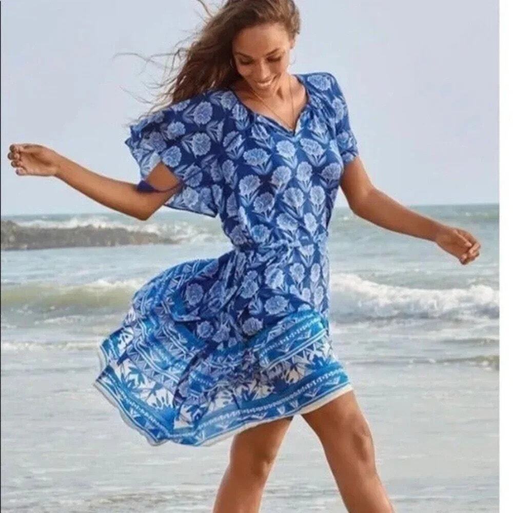 JOHNNY WAS Yao Short Sleeve Cover-Up Dress Blue Swim Vacation Summer Pool Small